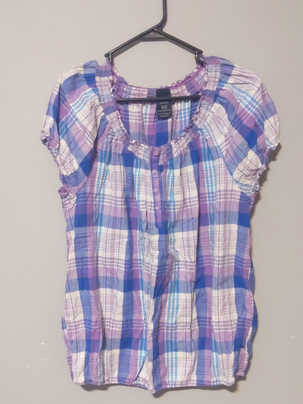 Faded Glory Purple, Blue & White Plaid Peasant Top